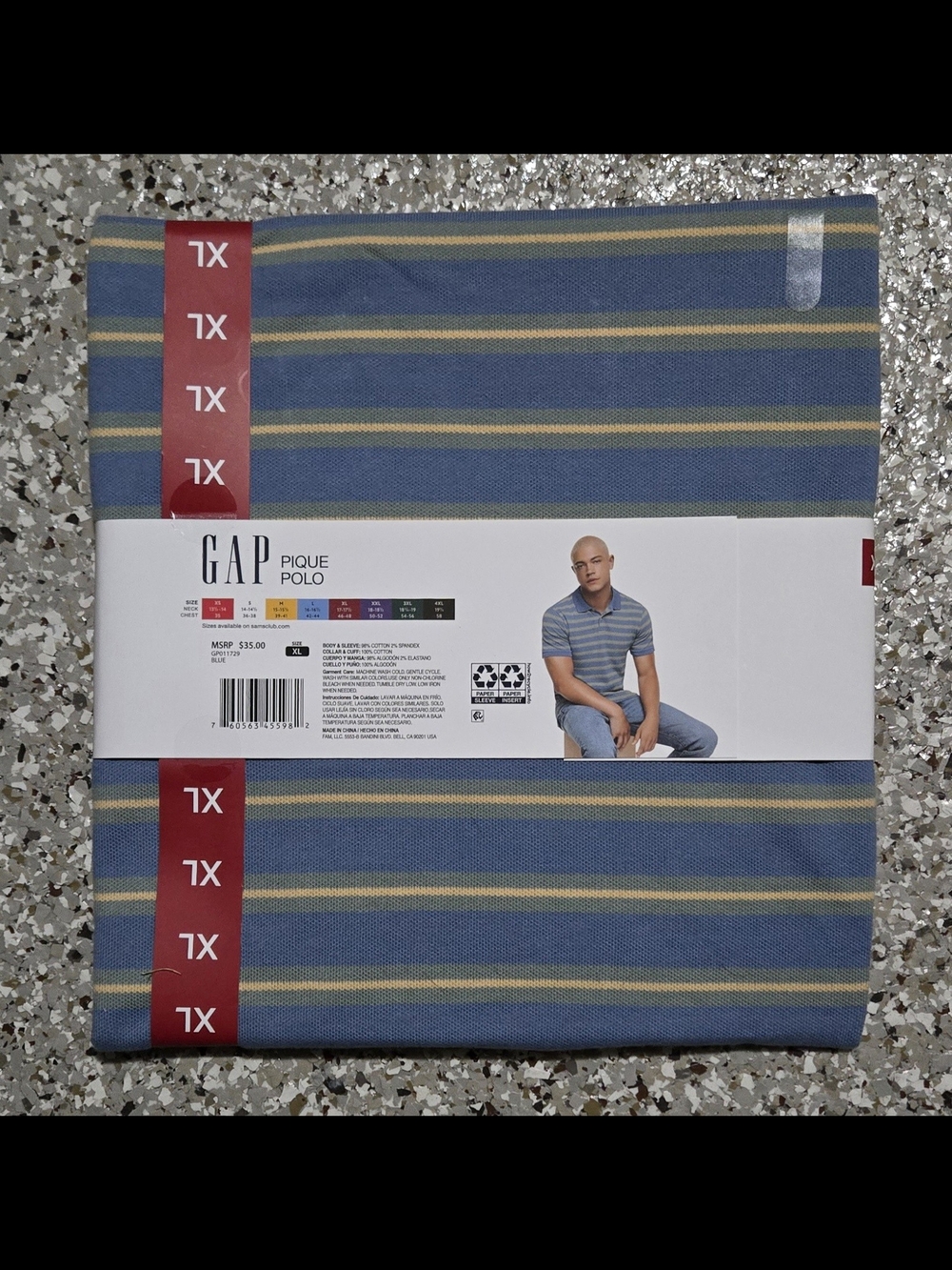GAP Men's Blue Stripe Pique Polo with Yellow Accents - Picture 2 of 2